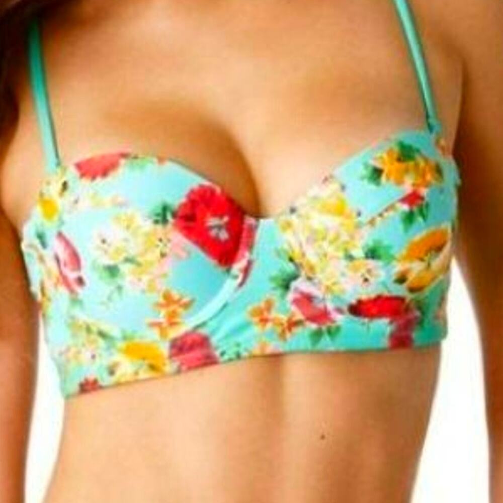 AERIE 32D Teal Pink Floral Hibiscus Tropical Padded Push Up Bikini Top Swimwear